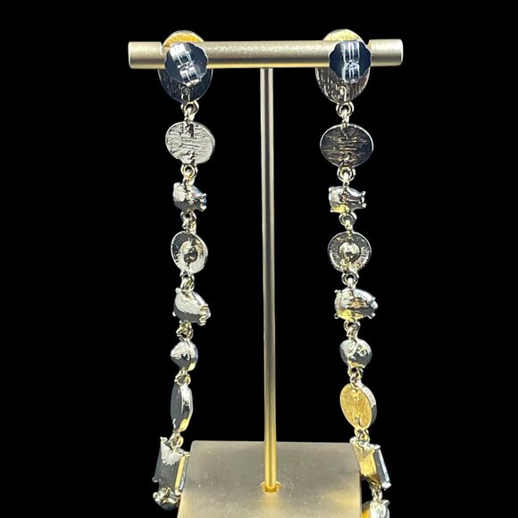 Long Crystal Drop Earrings Gold Tone Blue Pastel Statement Glam Event Jewelry - Picture 5 of 6